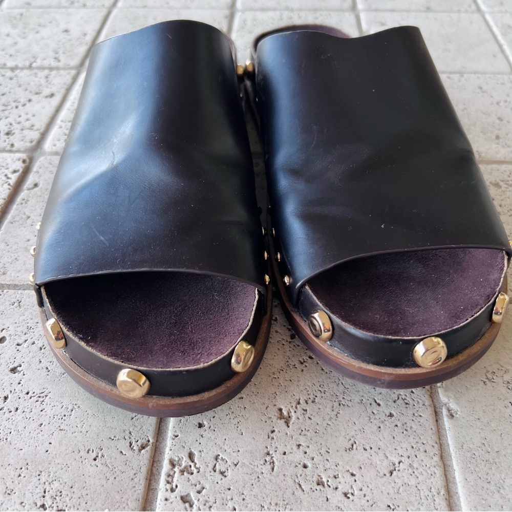 KELSI DAGGER Sandals Squish Buffalo Stud Slide Espresso Leather Gold - Picture 3 of 11